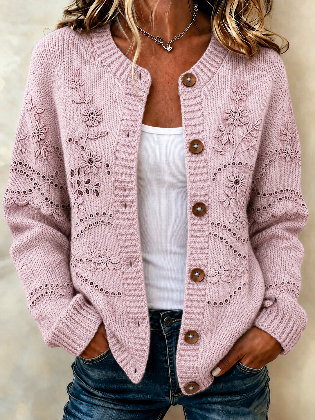 Women'S Casual Breast Cancer Propaganda Art Knitting Cardigan Top