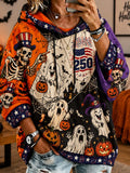 Women's Halloween Skull And Ghost Art Print Patchwork Casual Hoodie