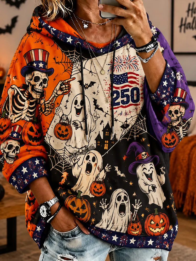 Women's Halloween Skull And Ghost Art Print Patchwork Casual Hoodie
