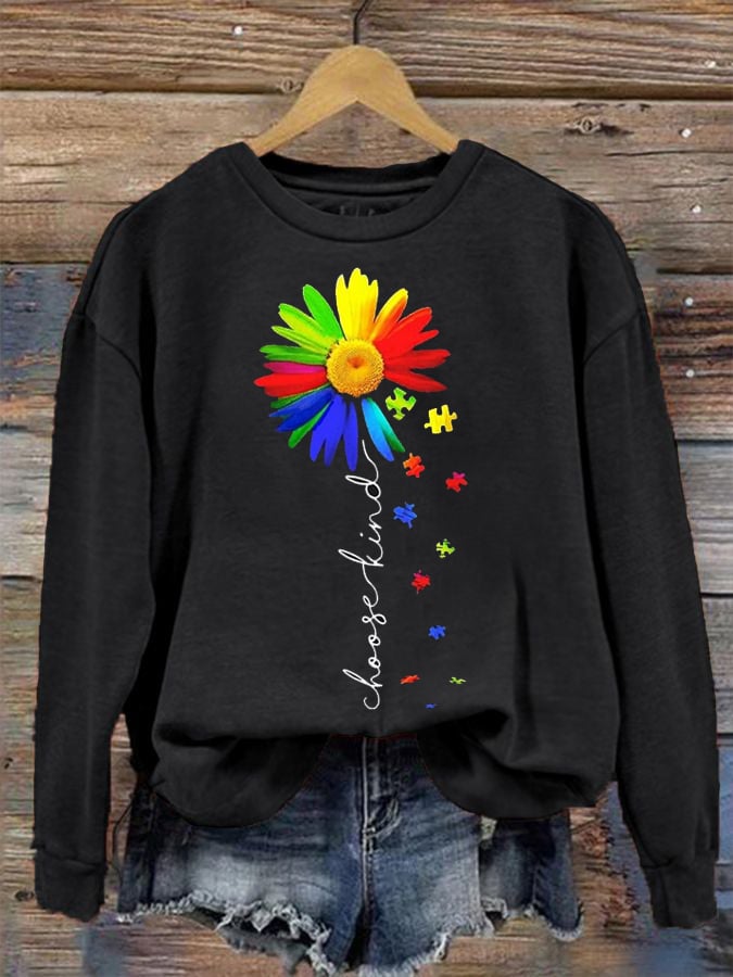 Women's Autism Awareness Choose Kind Sunflower Print Sweatshirt
