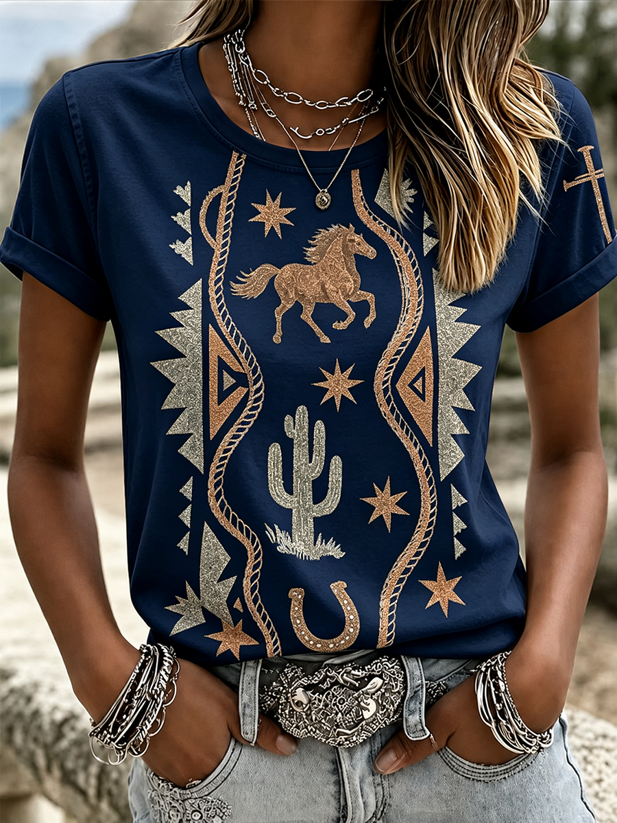 Women's Vintage Wash Cactus Horse Horseshoe Aztec Rope Graphic T-Shirt
