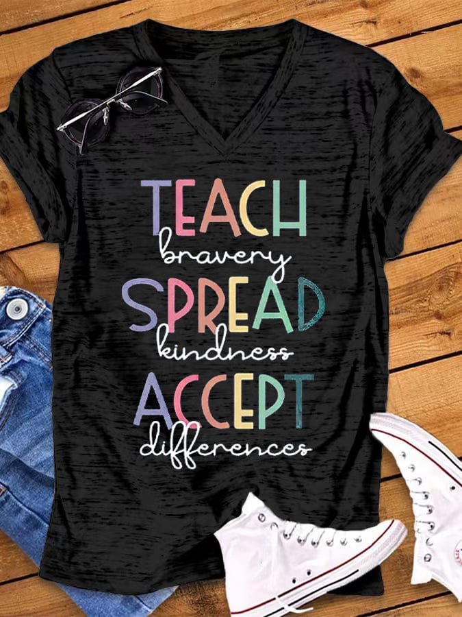Women's Autism Awareness In April We Wear Blue Autism Month Printed Short Sleeve V-neck T-shirt