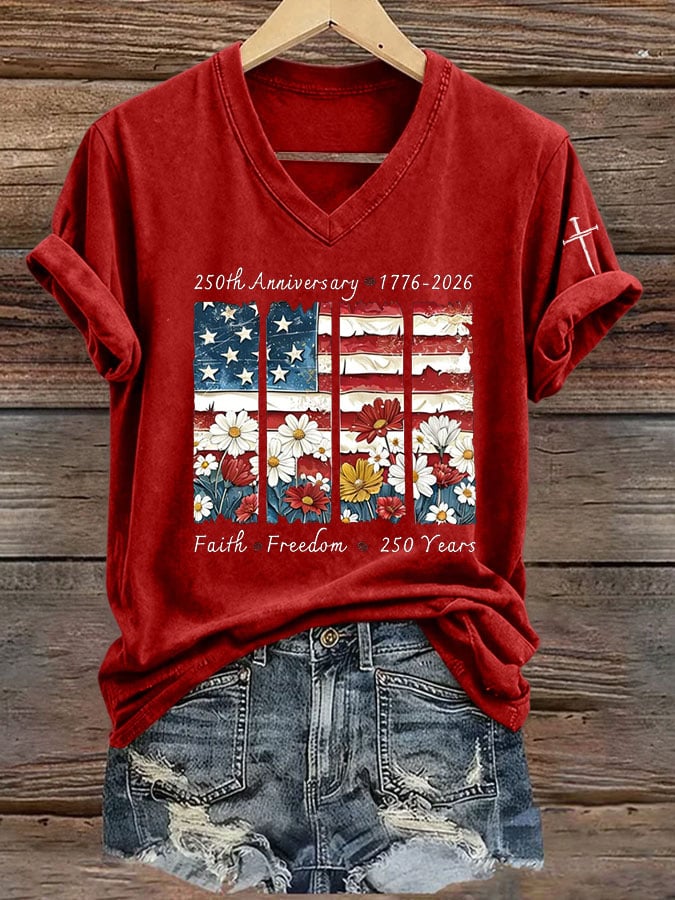 Women's Casual 250th Anniversary Faith Freedom 250YEARS Print Short-Sleeve T-Shirt
