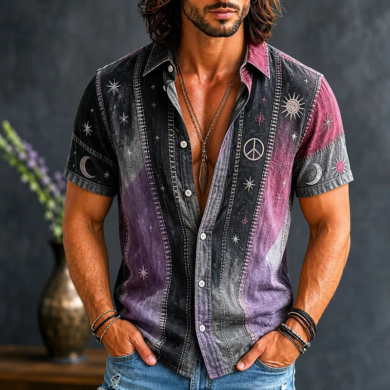 Men's Vintage Patchwork Peace Sign Sun Moon Star Art Print Cotton Linen Shirt