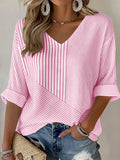 Women'S Casual Breast Cancer Awareness Print Pink Stripe Art V-Neck T-Shirt