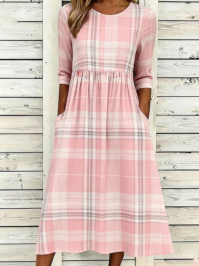 Women's Vintage Pink Plaid Print Dress