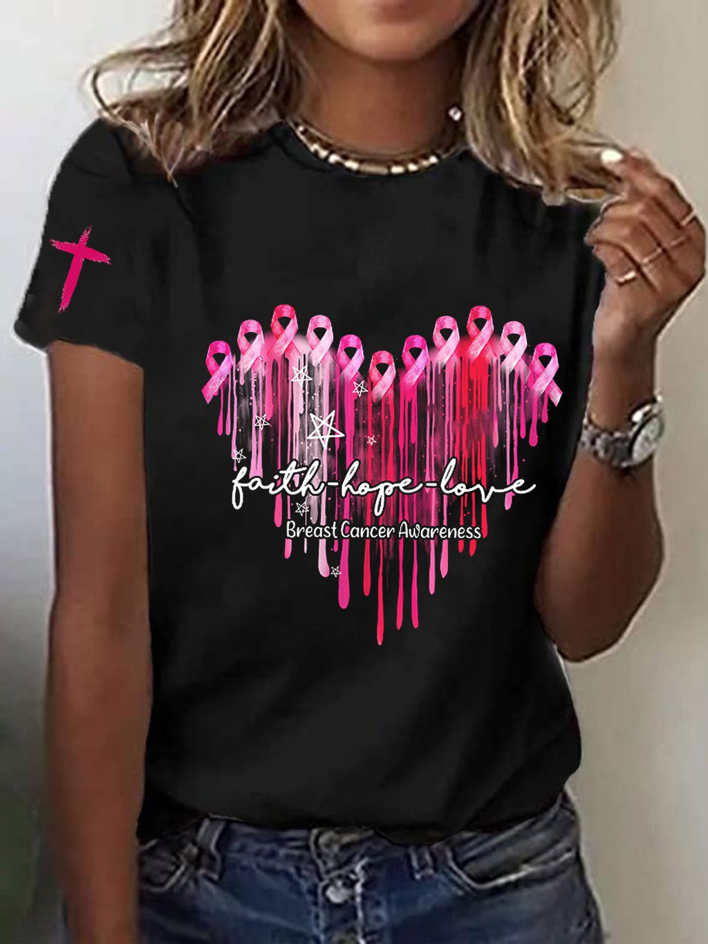Women's Breast Cancer Faith Hope Love Print T-Shirt