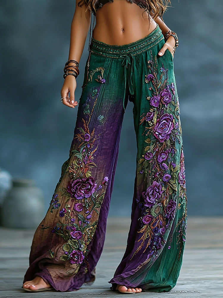 Women's Vintage Floral Art Embroidery Patchwork Cotton Linen Pants