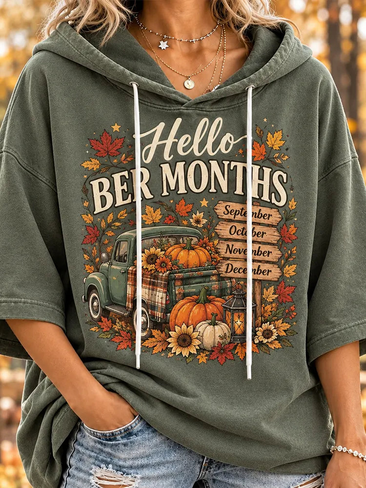 Women's "hello Ber Months" Vintage Truck Short Sleeve Hoodie