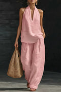 Women's V-neck Top + Tencel Linen Casual Suit