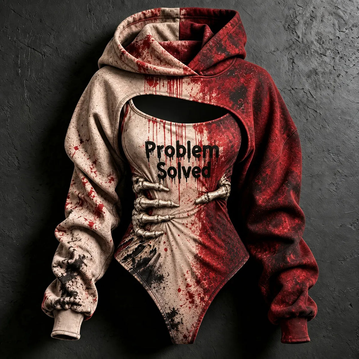 Women's Halloween Bloody Problem Solved Skull Hug 3d Print Hoodie Two-piece Set