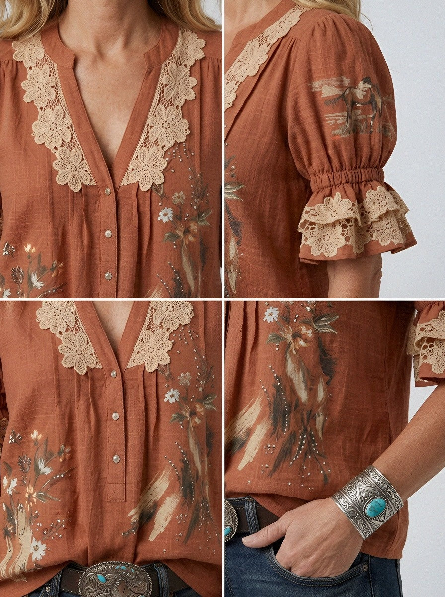 Women's Western Vintage Floral Lace Trimmed Printed Top