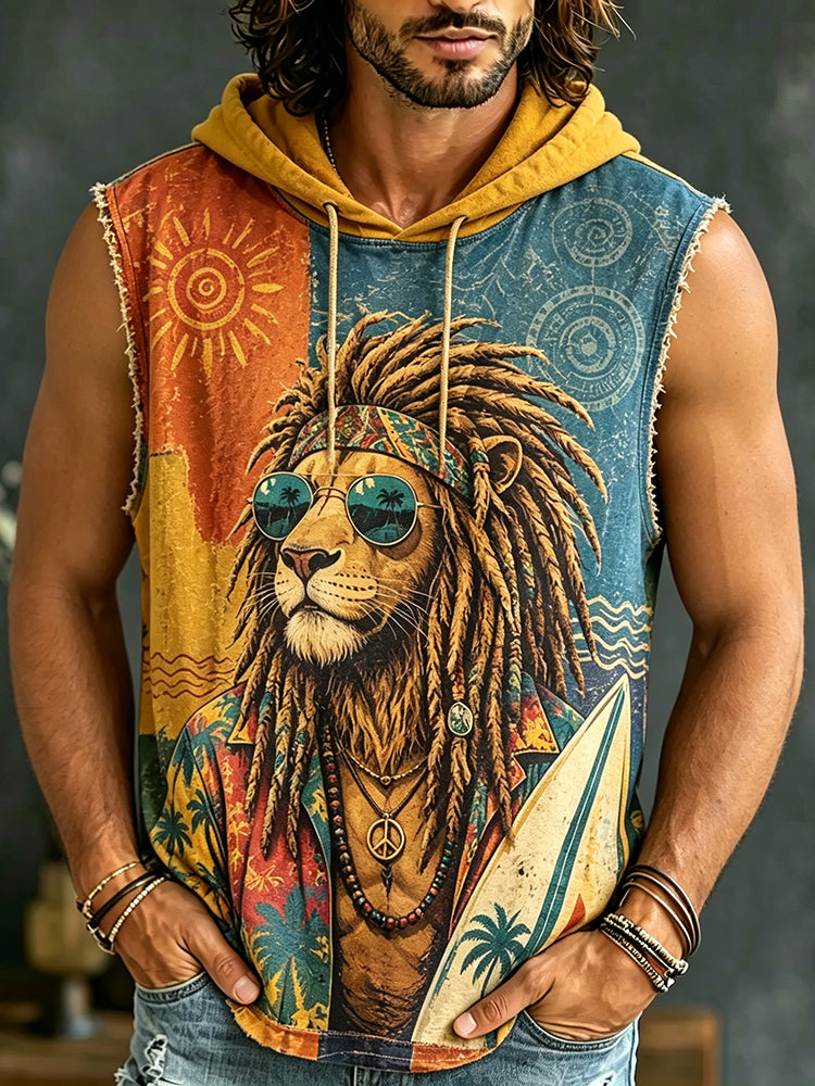 Men's Hippie Lion Color-blocked Vacation Casual Hooded Vest