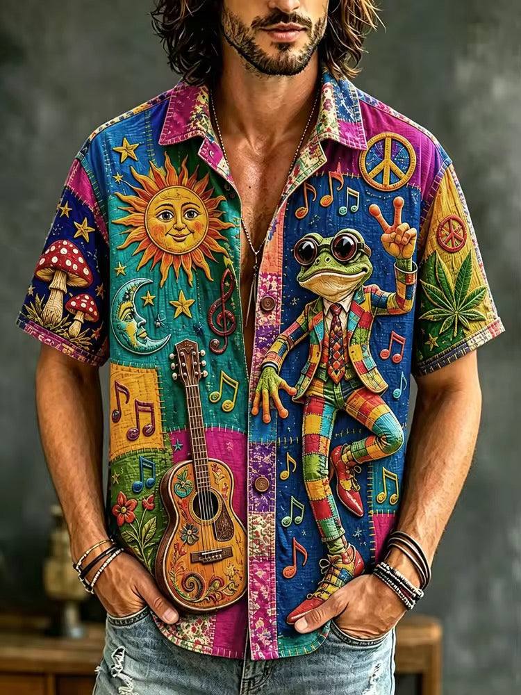 Men's Boho Frog Music Patchwork Psychedelic Peace & Sun Moon Art Print Casual Shirt