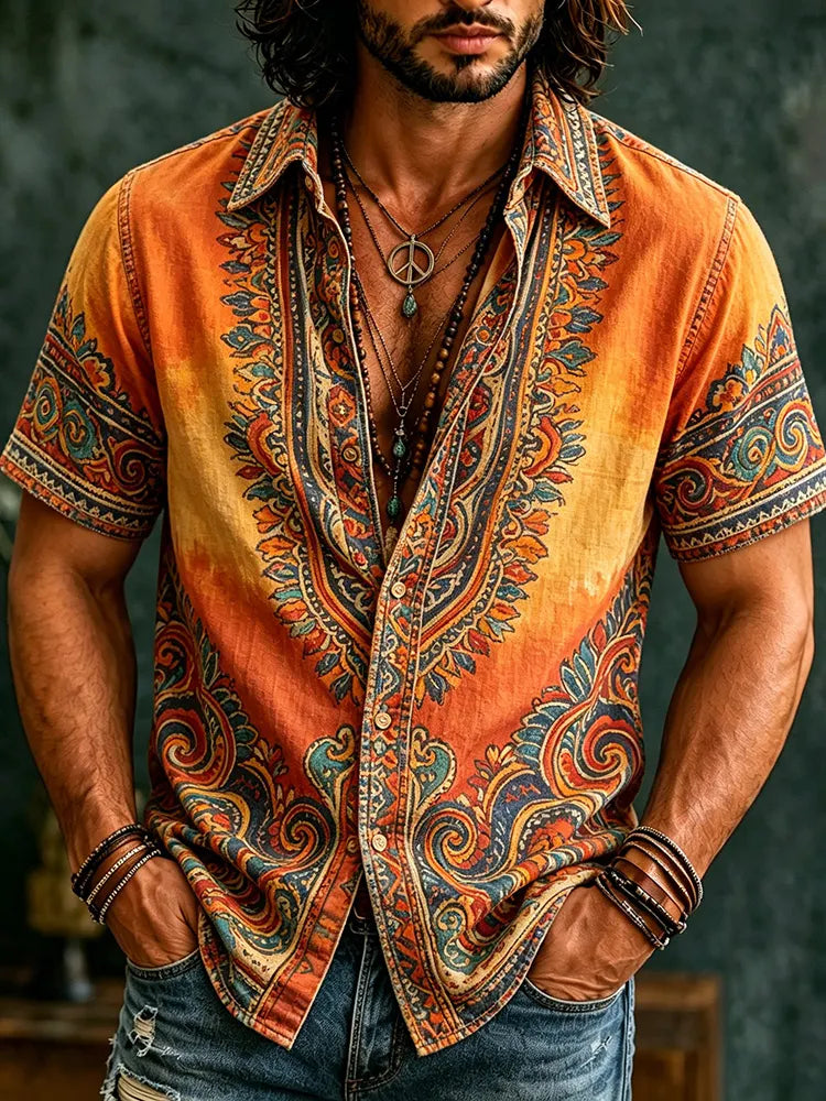 Men's Retro Hippie Ethnic Graffiti Art Pattern Casual Washed Shirt