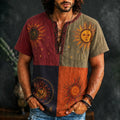 Men's Sun Face Art Patchwork Print V-shaped Petite Henry Collarl Shirt