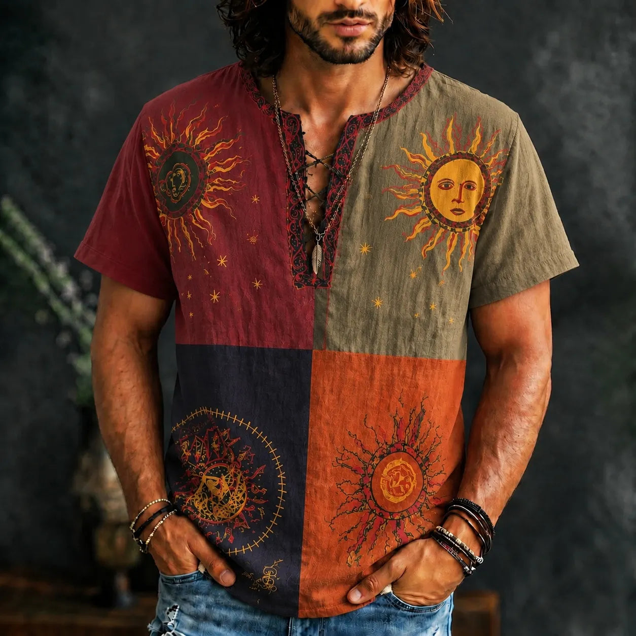 Men's Sun Face Art Patchwork Print V-shaped Petite Henry Collarl Shirt
