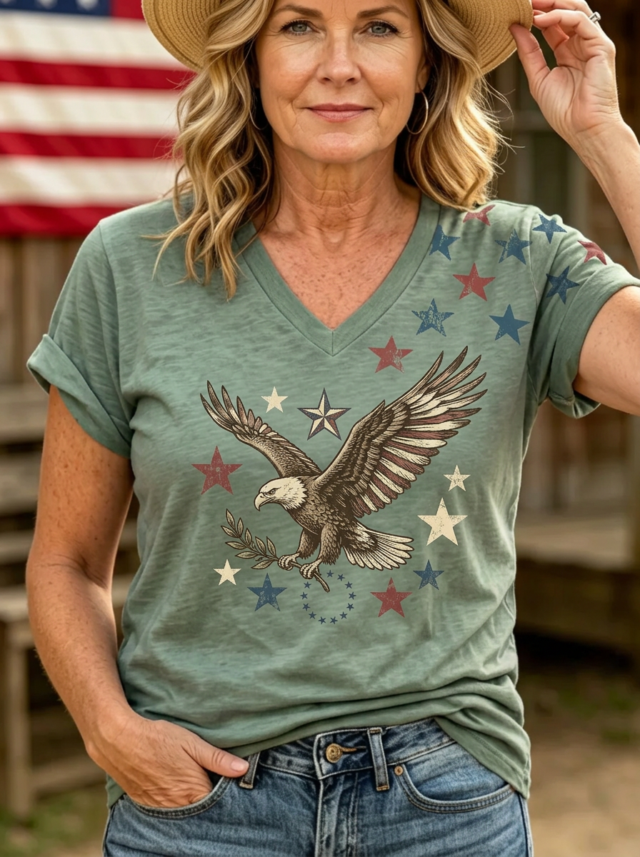 Women's Western Independence Day Bald Eagle Stars Printed T-shirt