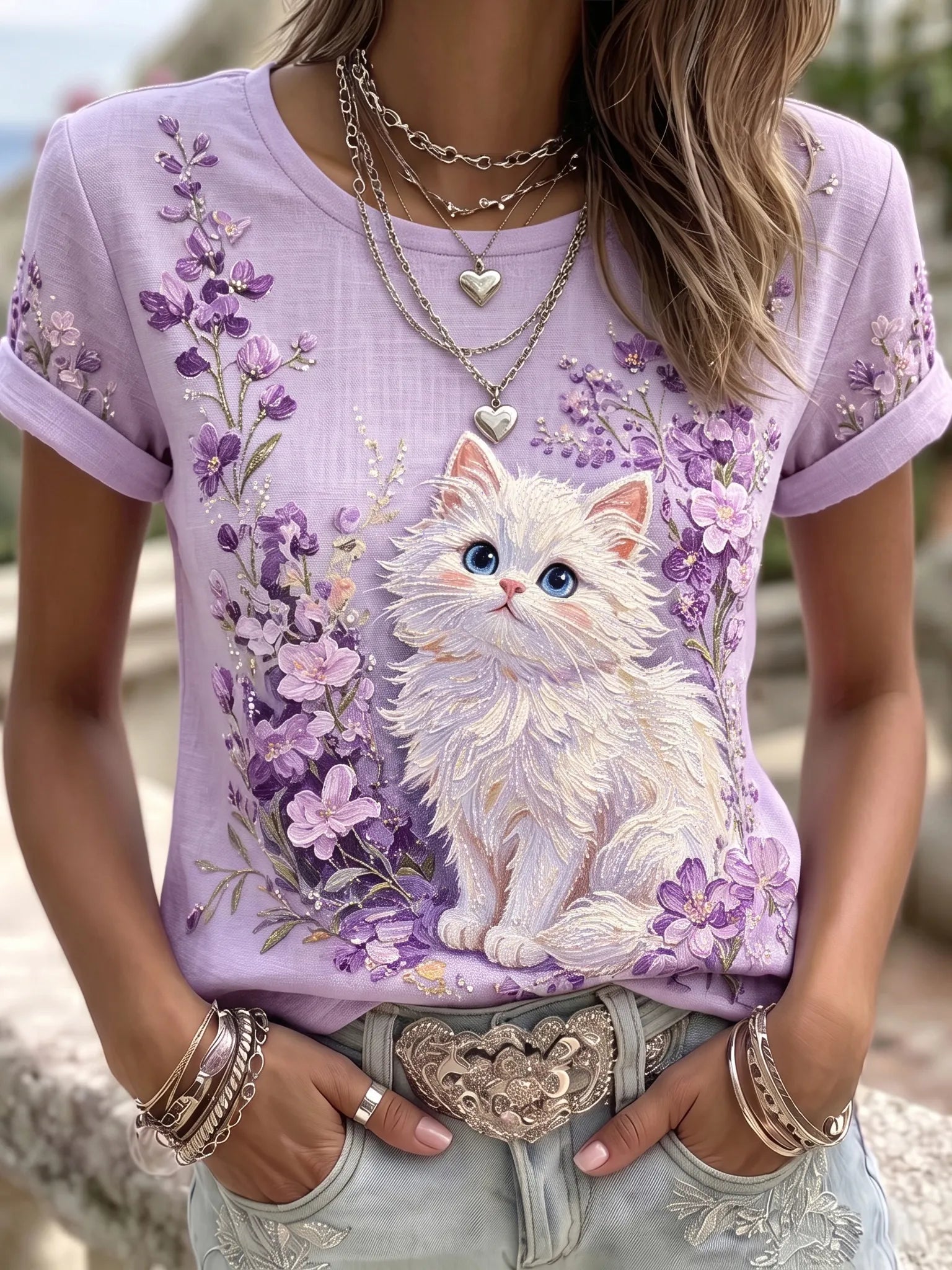 Women's Cute Cat And Flower Art Pattern Crew Neck Short Sleeve T-shirt