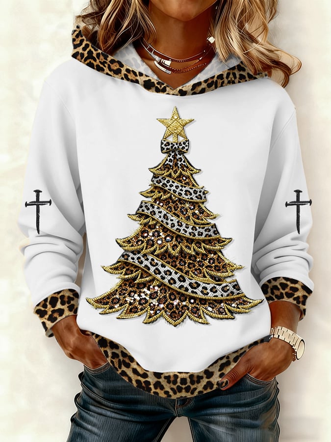 Women's Casual Leopard Print Christmas Tree Hoodie