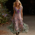 Women's Retro Purple Floral Gradient Pattern Casual Short-sleeve Dress