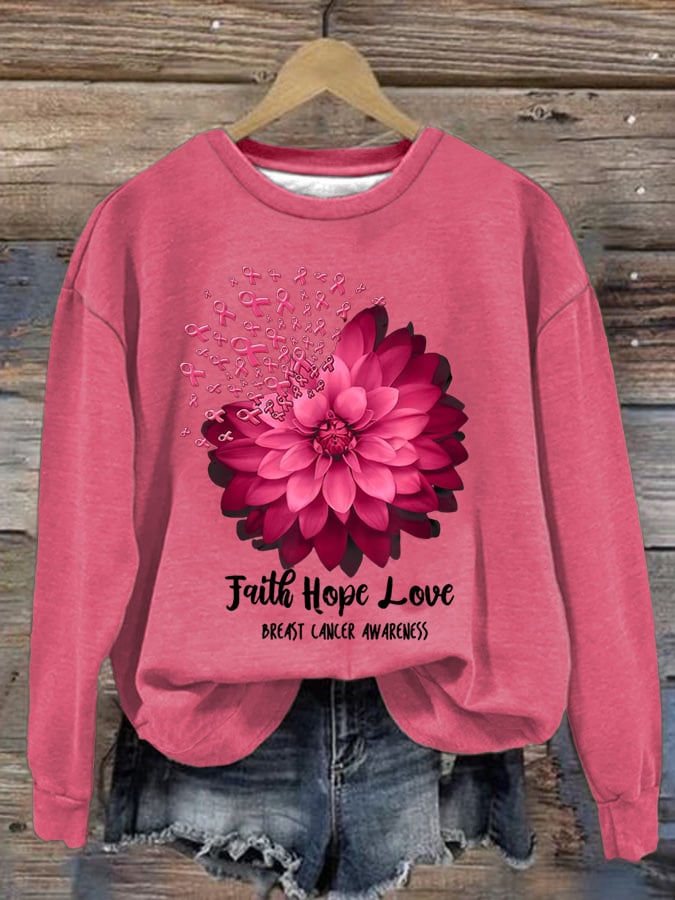 Women's Daisy Faith Pink Ribbon Breast Cancer Awareness Print Crew Neck Sweatshirt