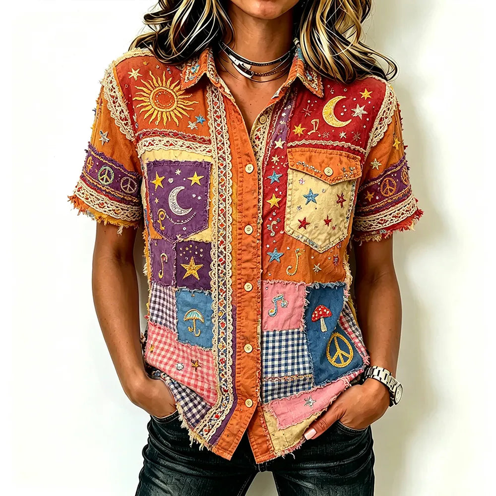 Women's Sun Moon Stars And Peace Symbol Art Collage Hippie Casual Short Sleeve Shirt