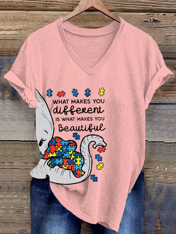 Women's  Autism Awareness Printed Casual V-Neck T-Shirt