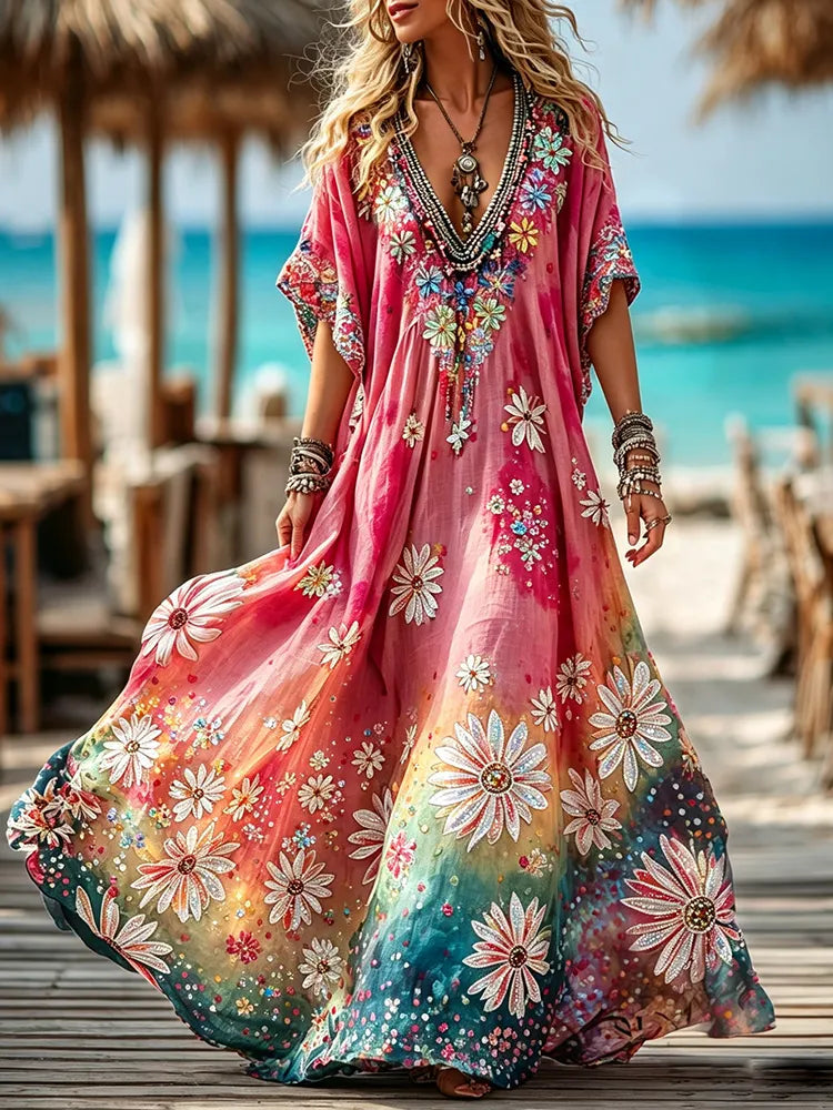 Women's Retro Hippie Floral Art Cotton Linen V-neck Short Sleeve Long Dress