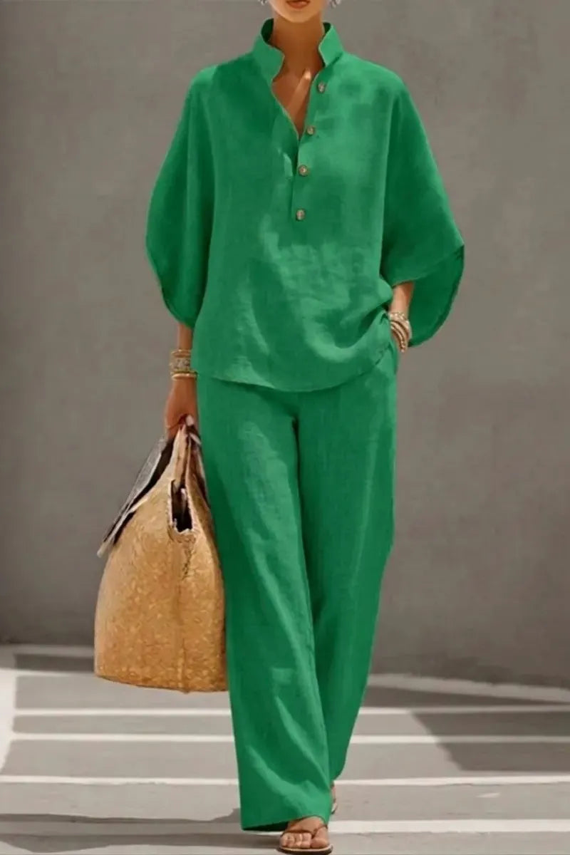 🔥 49% OFF🔥Women's Batwing Sleeve Linen Cotton Two-Piece Set – Casual Shirt & Wide Leg Pants Outfit