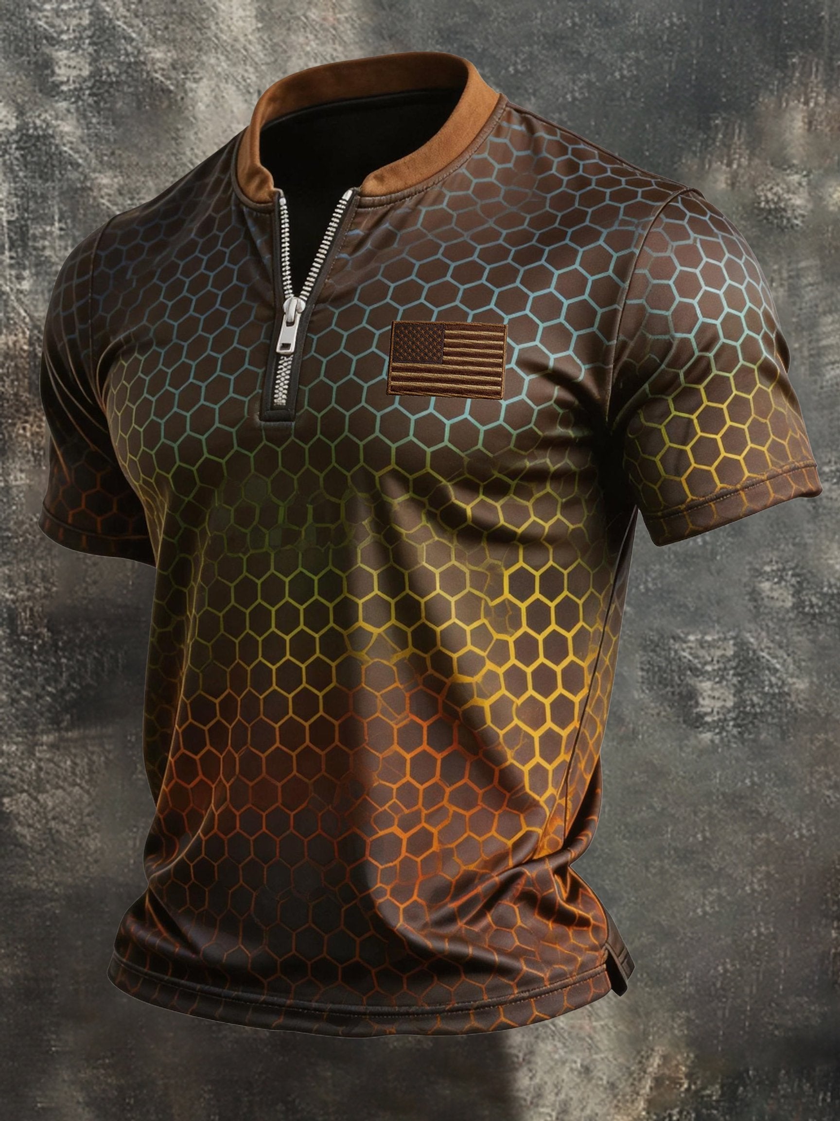 Men's Retro Patriotic Color-block Short-Sleeve Half-Zip T-Shirt