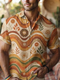Men's Retro 70s Groovy Wave And Daisy Flower Print Short Sleeve Shirt