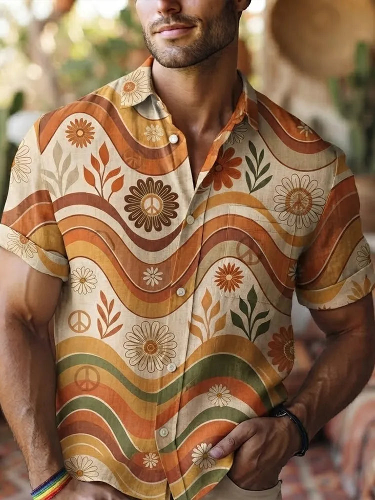 Men's Retro 70s Groovy Wave And Daisy Flower Print Short Sleeve Shirt