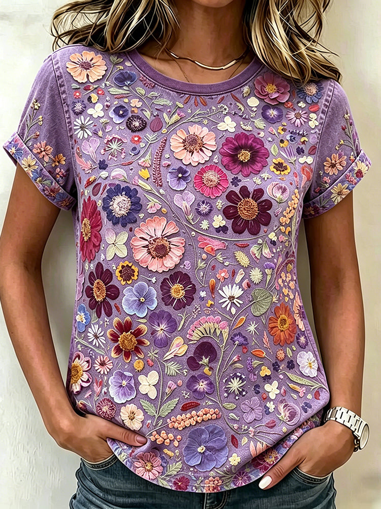 Vintage Pansy Wildflower Embroidery Art Washed T Shirt