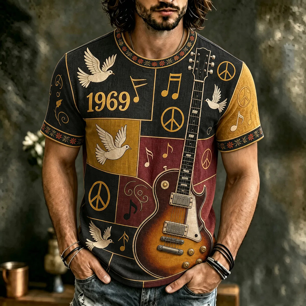 Men's Hippie Music Guitar Pattern Patchwork Print T-shirt