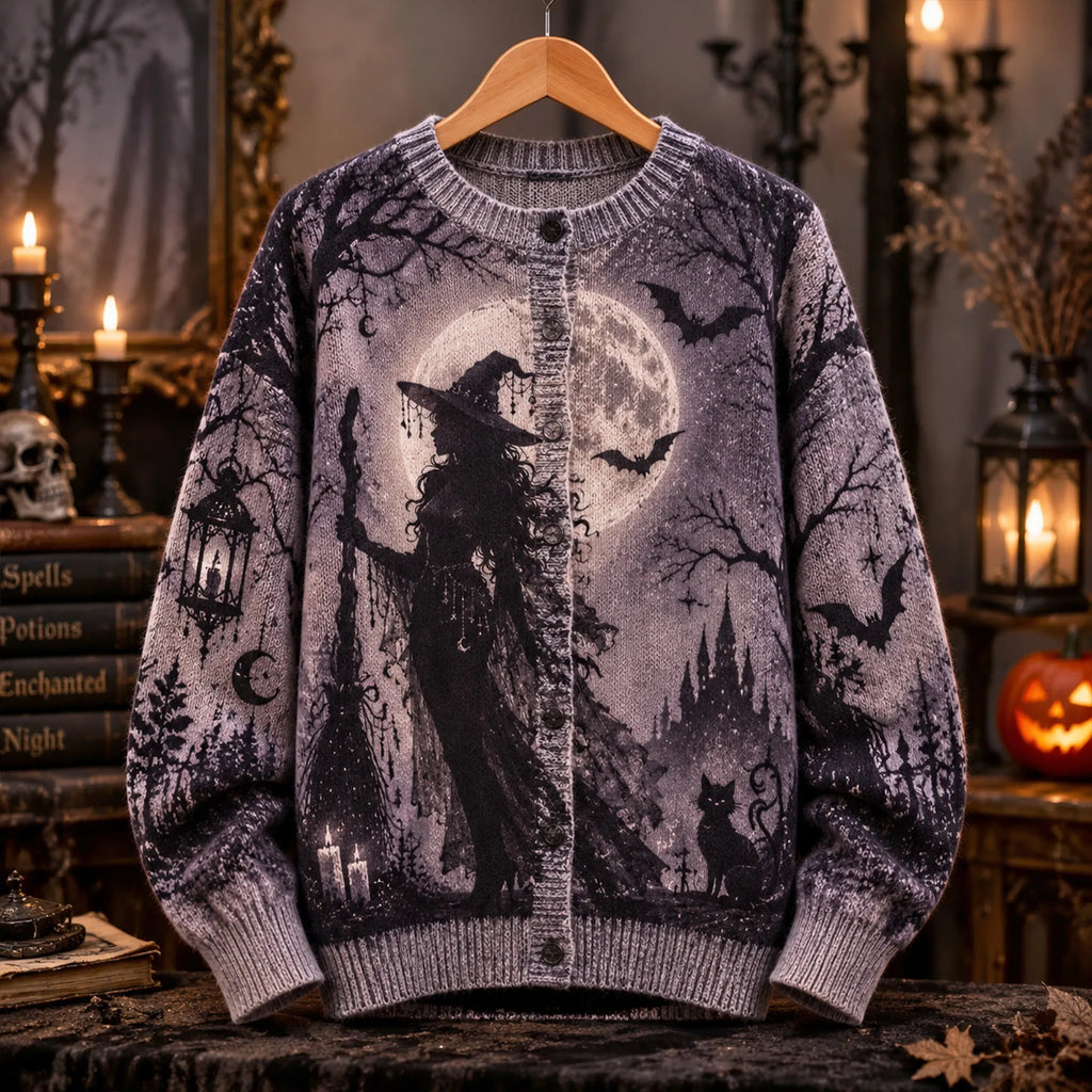Retro Dark Castle Halloween Witch Moon Bat Black Cat Pattern Knitted Button Cardigan Sweater