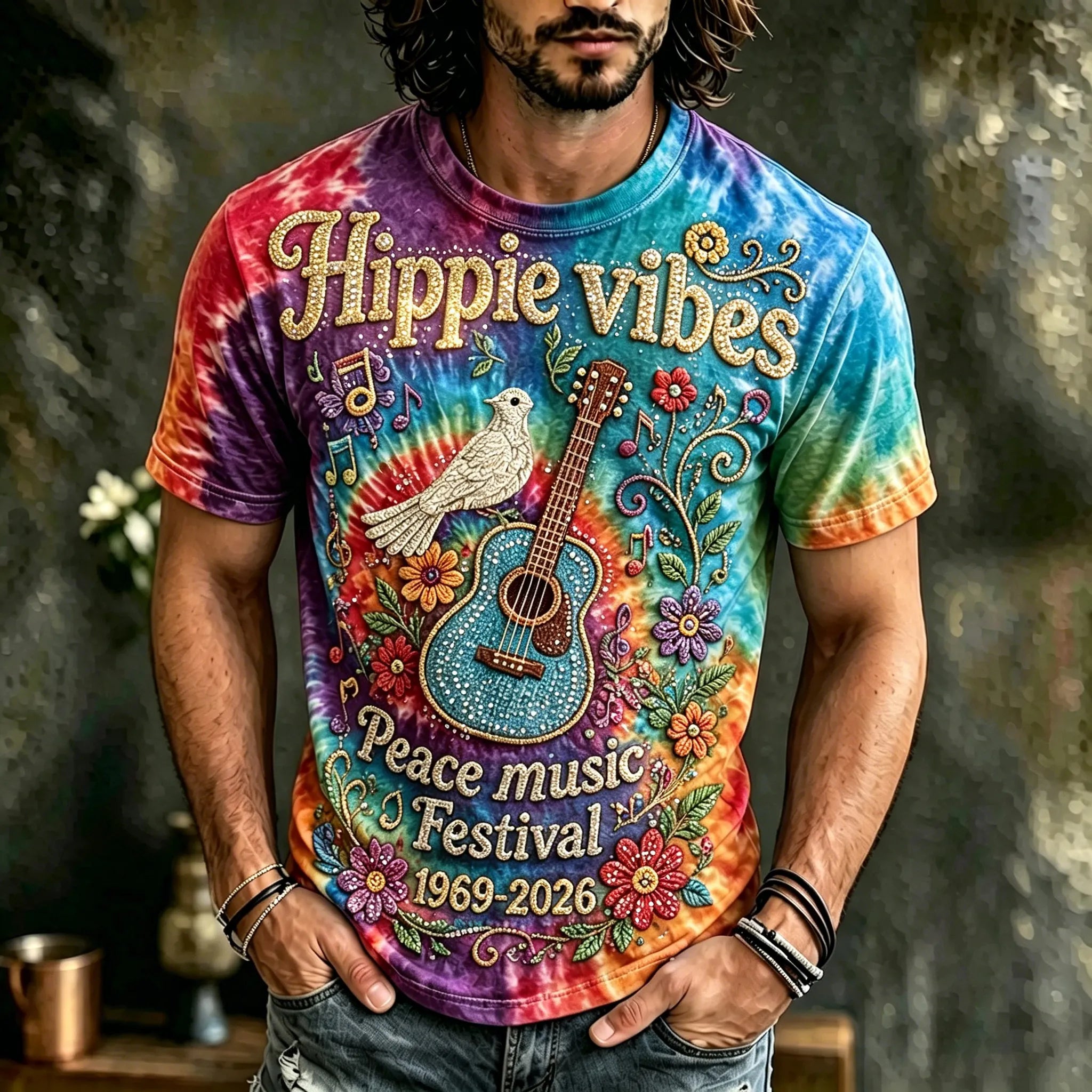 Men's Vintage 60s Tie Dye Music Art Retro Hippie Crew Neck T-shirt