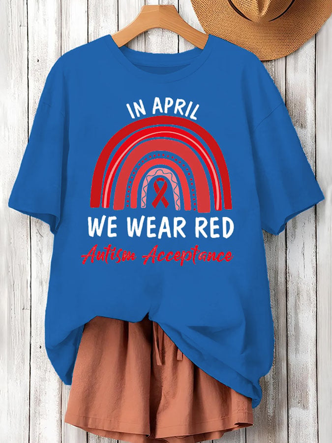 Women's In April We Wear Red Autism Acceptance Printed Short-Sleeved T-Shirt