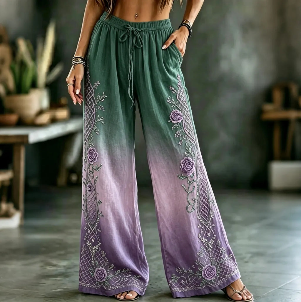 Women's Vintage Boho Floral Celtic Knot Gradient Art Print Flowy Linen Blend Casual Pants