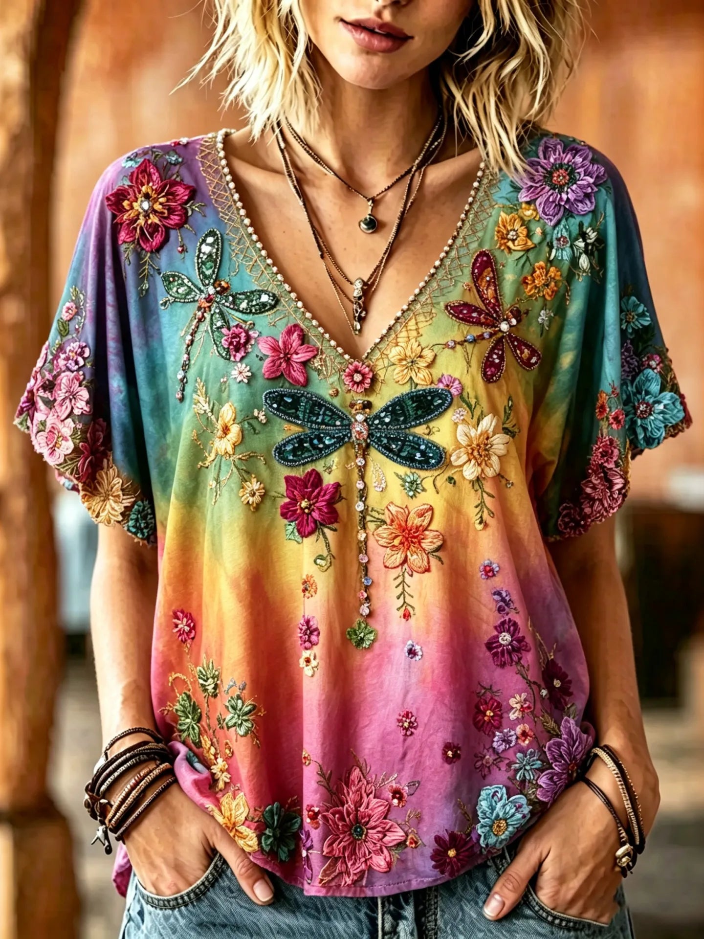 Women's Retro Tie-dye Dragonfly Floral Lace Cotton Linen V-neck T-shirt