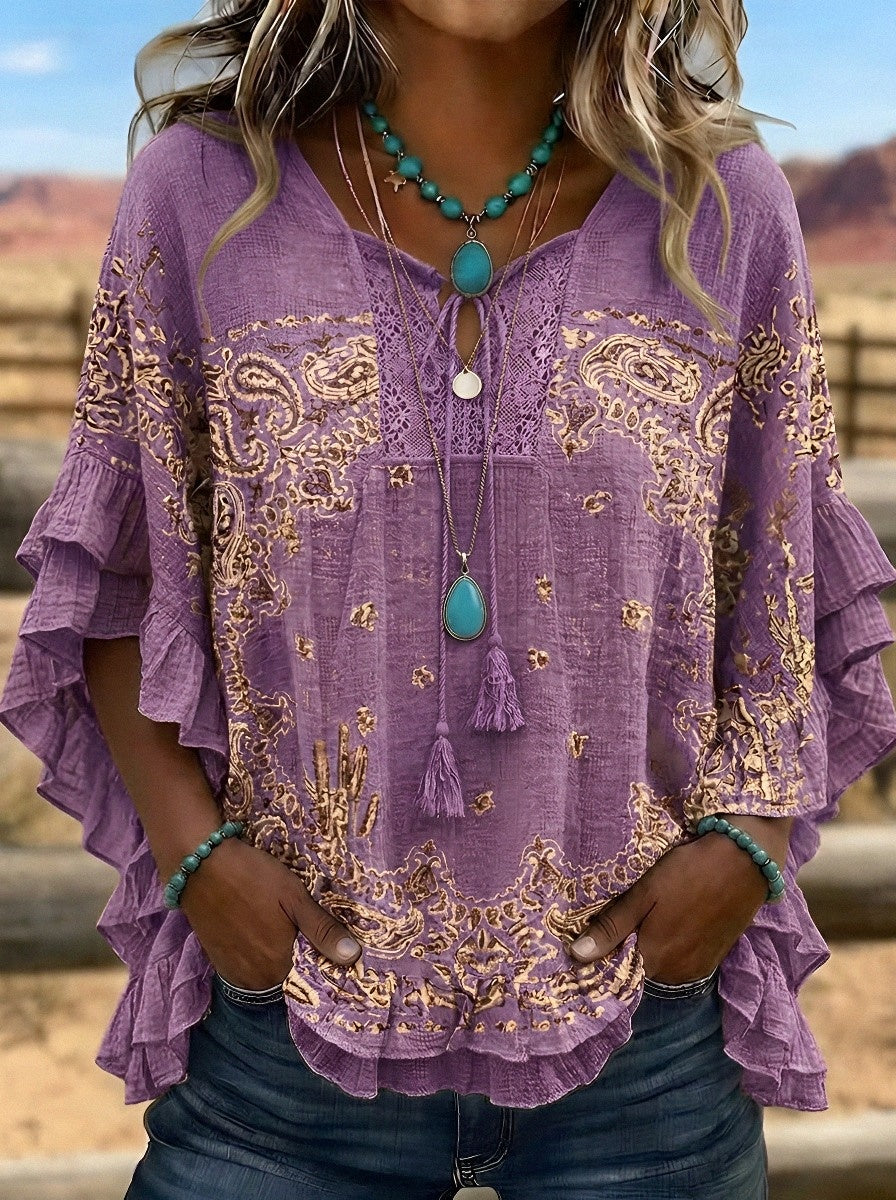 Women's Western Vintage Paisley Cactus Printed Ruffle Top