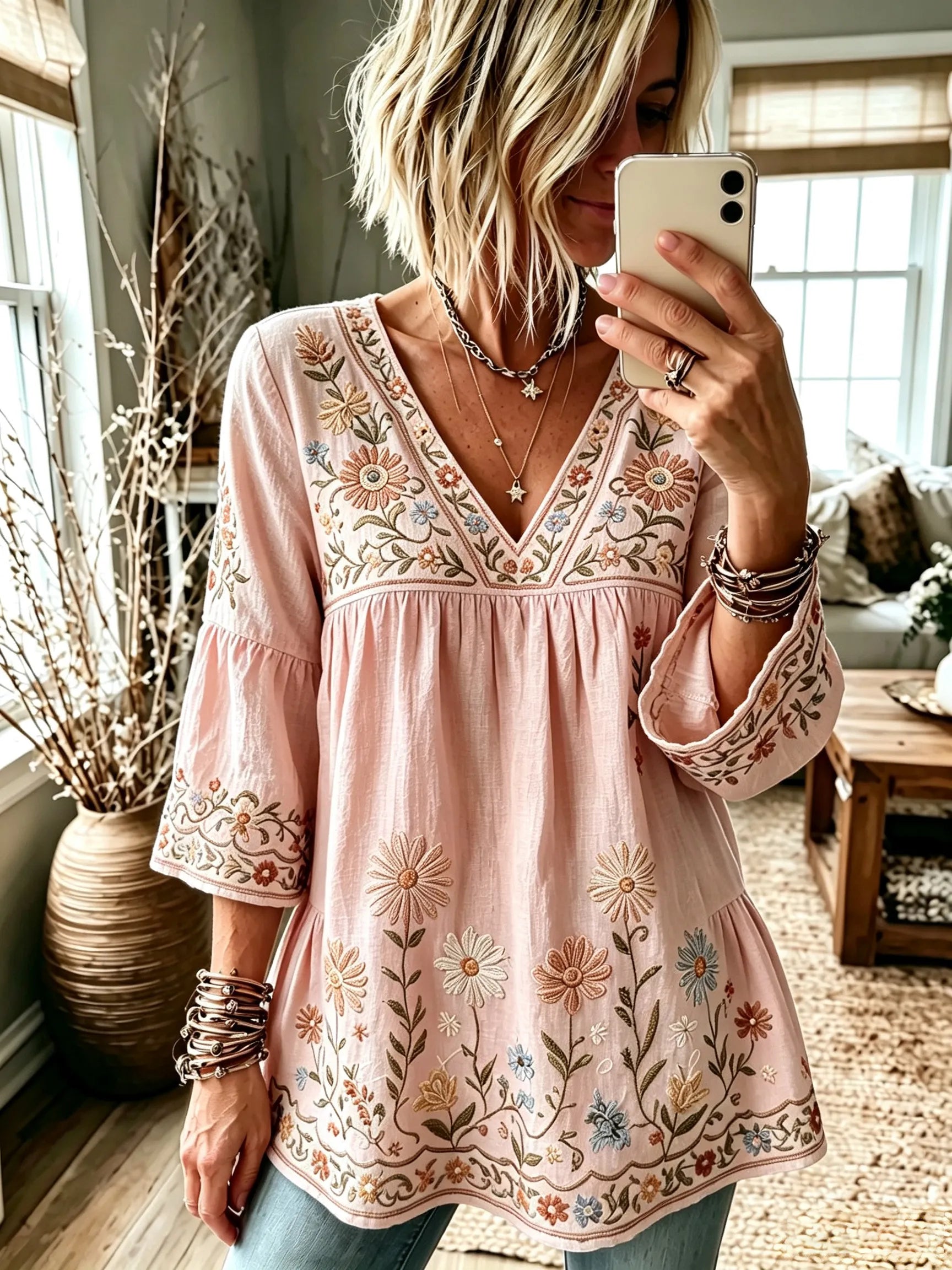 Women's Retro Hippie Floral And Dragonfly Art Flowy Linen Blend Three Quarter Sleeves T-shirt