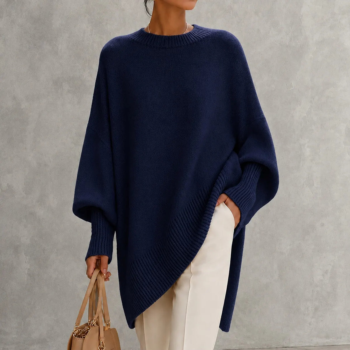 Elegant Solid Color Crew Neck Pullover Knit Sweater