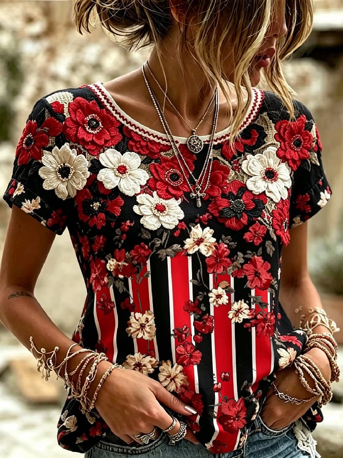 Women'S Casual Pink Floral Print Short-Sleeve Top