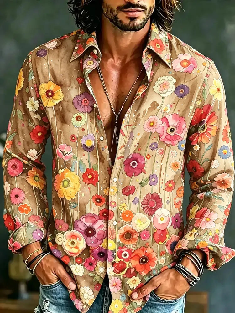 Men's Vintage Hippie Floral Art Print Long Sleeves Linen Shirt