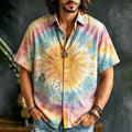 Men's Tie-dye Short-sleeve Button-down Shirt With Smiling Sun, Peace Signs, And Music Notes Print