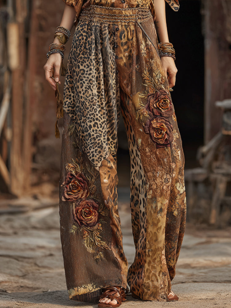 Women's Leopard Print And Rose Art Spliced Color-block Elastic Casual Pants