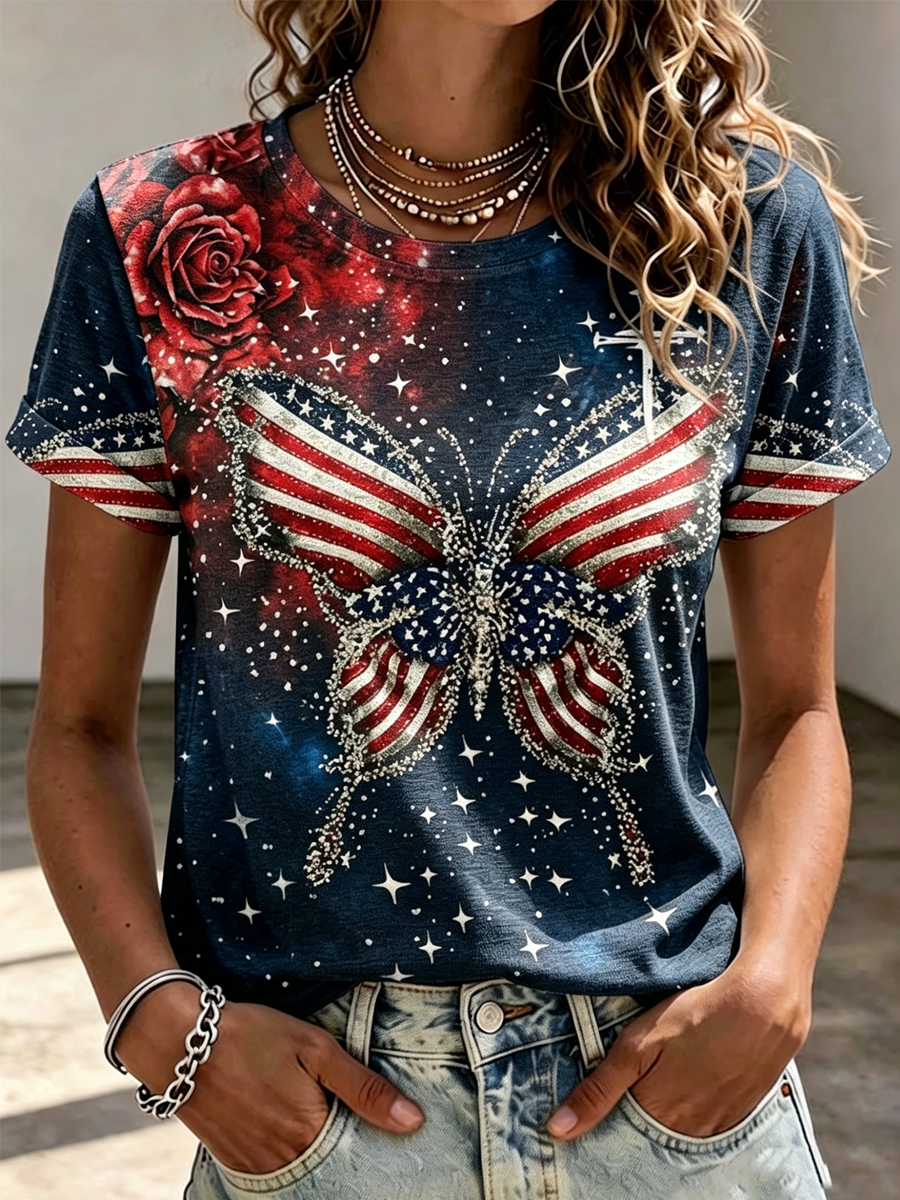Women'S Cross Butterfly Flag Printed Casual Top