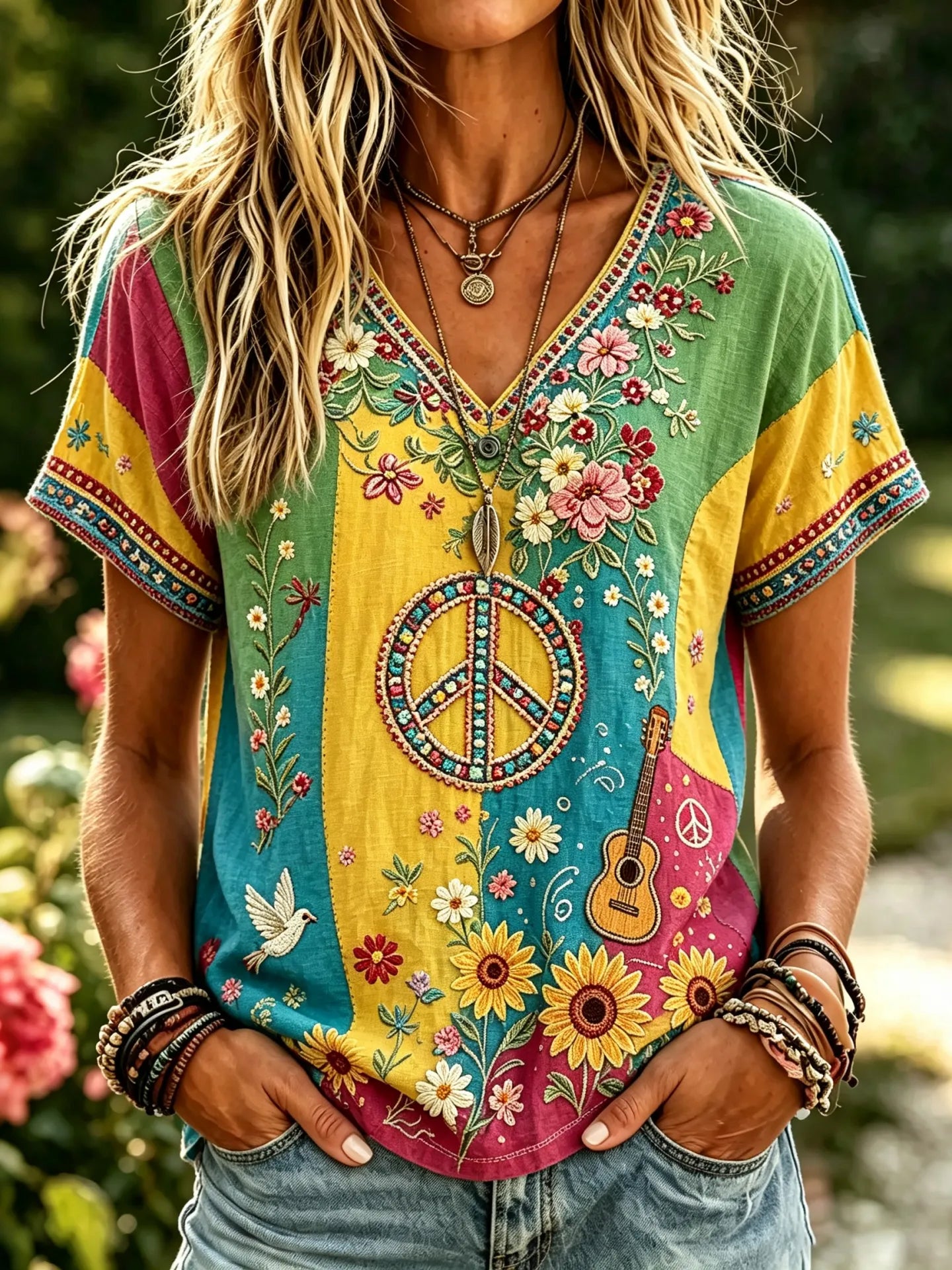Women's Retro Hippie Floral Guitar Design Short-sleeve Cotton Linen T-shirt