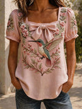 Women'S Pink Floral Hummingbird Print Top